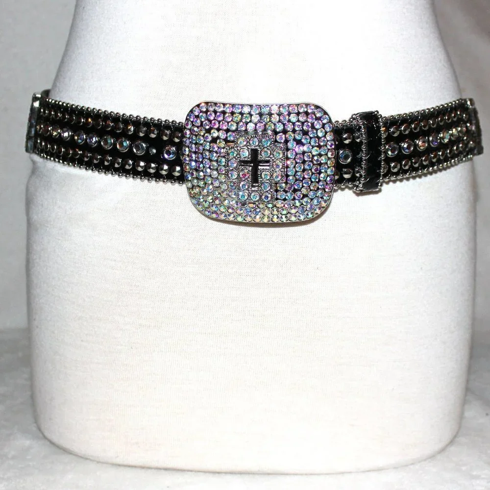 Western Black Bling Cross Belt & Buckle Aurora Borealis AB Crystal Accent ML